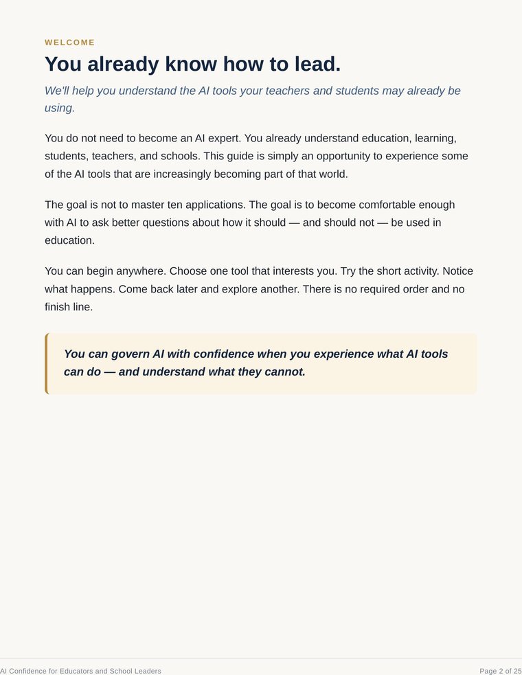 Preview: the Welcome page of AI Confidence for Educators and School Leaders